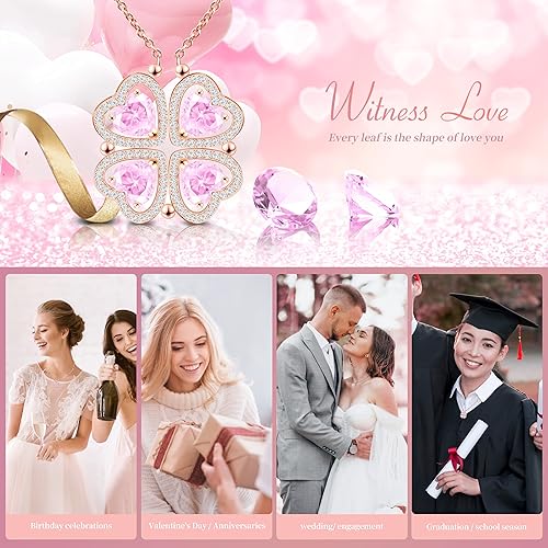 ONE: Lucky Four Leaf Rose Gold Tourmaline Pink Clover Pendant Necklaces for Women & Girls