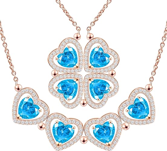 ONE: Lucky Four Leaf Rose Gold March Blue Topaz Clover Pendant Necklaces for Women & Girls