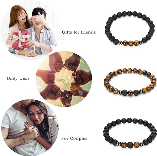 THREE: 3 HANDMADE Bracelets Matte Natural Lava Rock Volcanic Stone Beads Elastic Stretch Tiger Eye