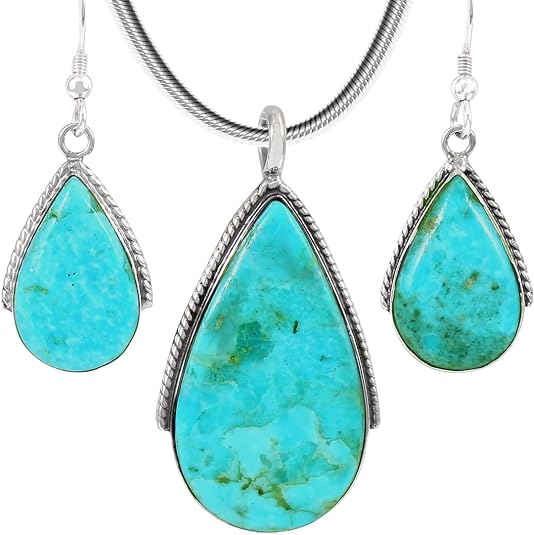 ONE :💎Sterling Silver (Solid) 925 Turquoise Necklace Pendant & Earrings Set Genuine Turquoise 20" Necklace