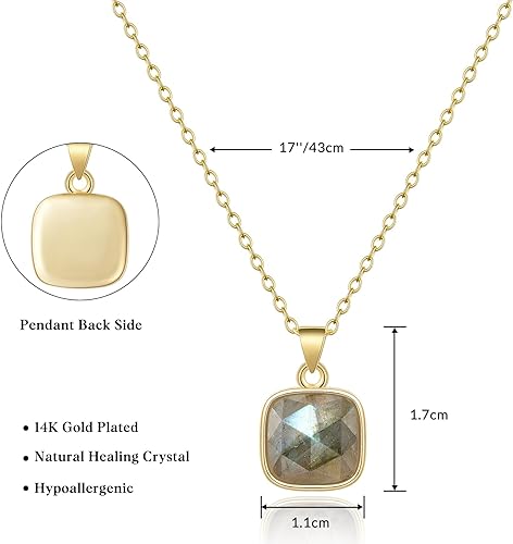 ONE: Handmade Healing Crystal Pendant Necklace, 14K Gold Plated Natural Energy Stone Labradorite-Square