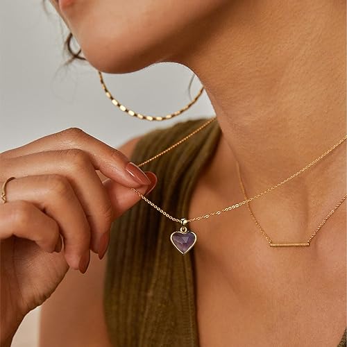 ONE: Handmade Healing Crystal Pendant Necklace, 14K Gold Plated Natural Energy Stone Amethyst-Heart