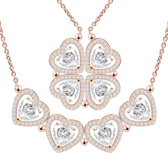 ONE: Lucky Four Leaf Rose Gold April Diamond White Clover Pendant Necklaces for Women & Girls