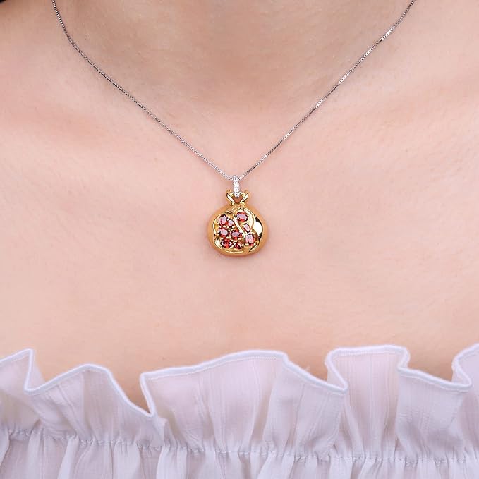ONE: Necklace Sterling Silver Style Pomegranate 2.1ct Red Garnet Cubic Zirconia Pendant Necklace for Women, 14k Yellow Gold