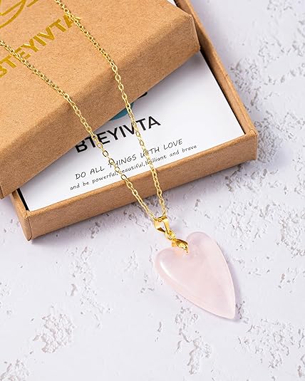 ONE: Handmade Healing Crystal Pendant Necklace, Natural Energy Stone Rose Quartz Heartet