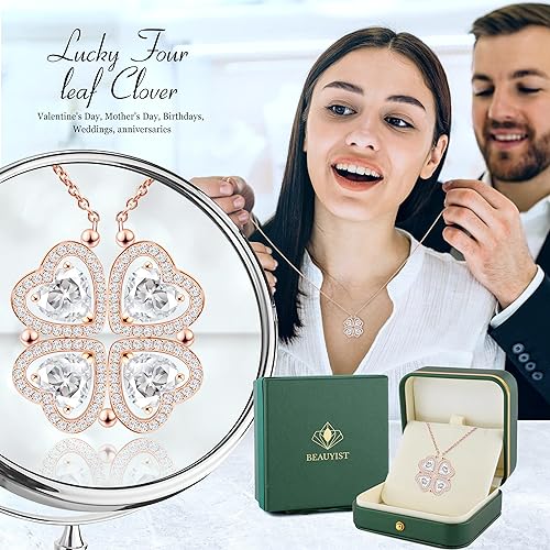 ONE: Lucky Four Leaf Rose Gold April Diamond White Clover Pendant Necklaces for Women & Girls