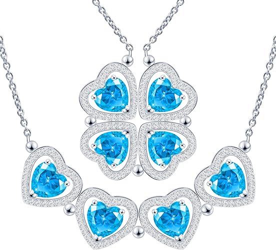 ONE: Lucky Four Leaf White Gold December Blue Topaz Clover Pendant Necklaces for Women & Girls