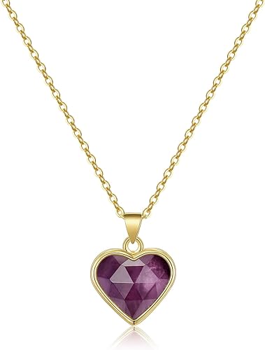 ONE: Handmade Healing Crystal Pendant Necklace, 14K Gold Plated Natural Energy Stone Amethyst-Heart