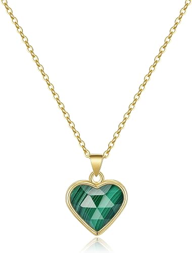 ONE: Handmade Healing Crystal Pendant Necklace, 14K Gold Plated Natural Energy Stone Malachite-Heart