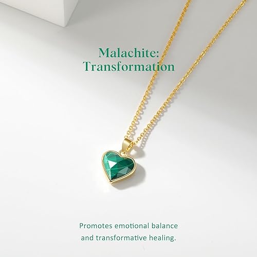 ONE: Handmade Healing Crystal Pendant Necklace, 14K Gold Plated Natural Energy Stone Malachite-Heart