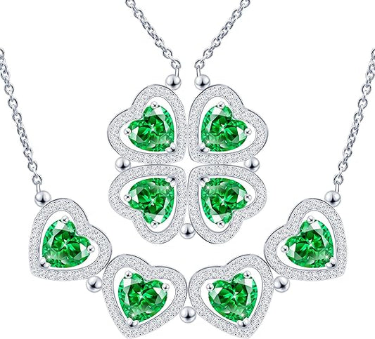 ONE: Lucky Four Leaf White Gold May Emerald Green Clover Pendant Necklaces for Women & Girls