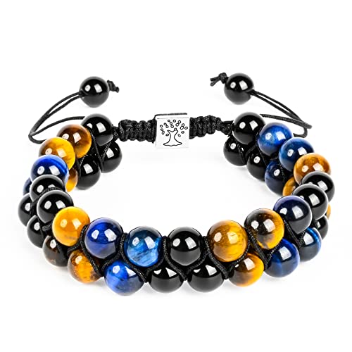 ONE: Premium 8MM Handmade Beaded Bracelet Tiger Eye Bracelet Black Obsidian Hematite Natural Crystal Jewelry Stone Bracelets Gifts for Men and Women