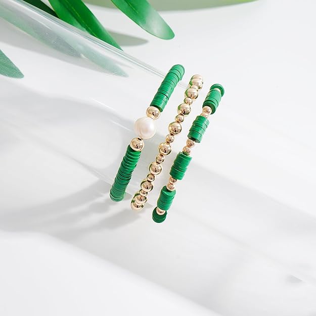 ONE: Premium Handmade Bracelet Green and Gold Plated Copper Beads Heishi Clay Bracelet HELPS RELEASING NEGATIVITY