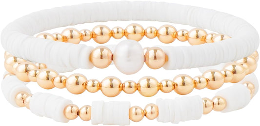 ONE: Premium Handmade Bracelet White and Gold Plated Copper Beads Heishi Clay Bracelet HELPS RELEASING NEGATIVITY