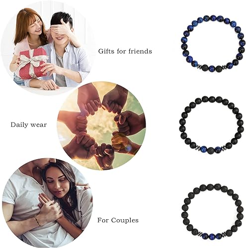 THREE: 3 HANDMADE Bracelets Matte Natural Lava Rock Volcanic Stone Beads Elastic Stretch Tiger Blue