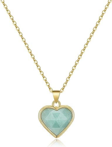 ONE: Handmade Healing Crystal Pendant Necklace, 14K Gold Plated Natural Energy Stone Amazonite-Heart