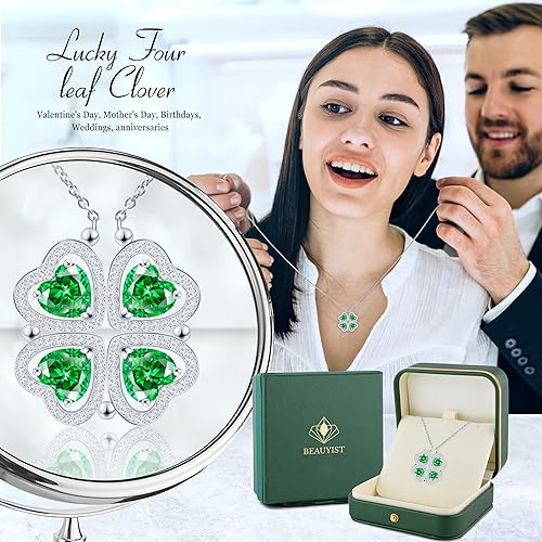 ONE: Lucky Four Leaf White Gold May Emerald Green Clover Pendant Necklaces for Women & Girls