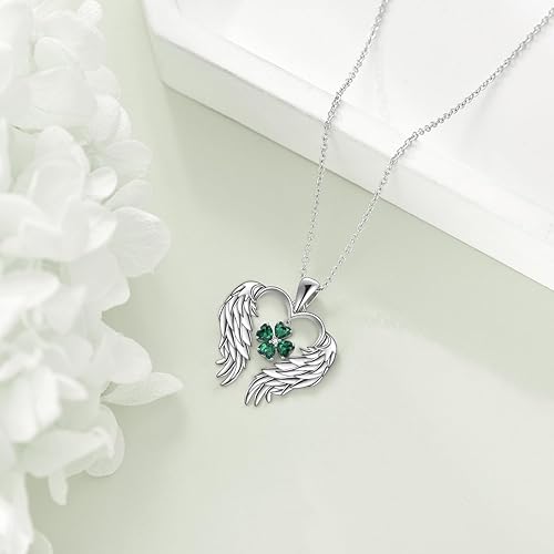 ONE: The design of four leaf clover angel wings Pendant Necklace 925 Sterling Silver Four Leaf Clover