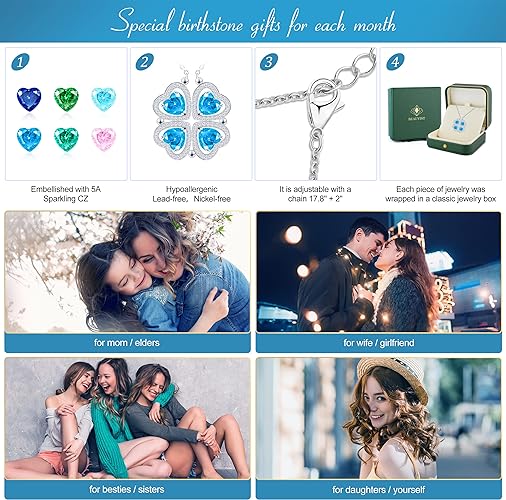 ONE: Lucky Four Leaf White Gold December Blue Topaz Clover Pendant Necklaces for Women & Girls