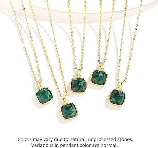 ONE: Handmade Healing Crystal Pendant Necklace, 14K Gold Plated Natural Energy Stone Malachite-Square