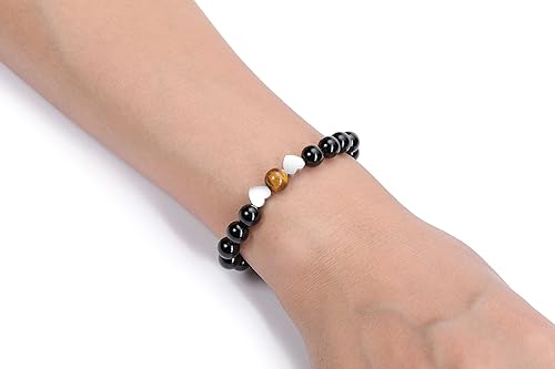 ONE: Premium Handmade Bracelets 2pcs 8mm Black Obsidian & Lava Rock Stones Crystal Bracelets for Couples Handmade Natural Round Gemstone Beaded Healing Crystal Bracelet with Heart Charm for Women Men