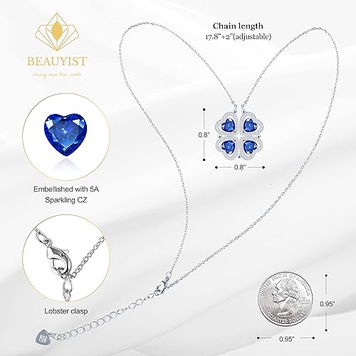 ONE: Lucky Four Leaf White Gold September Sapphire Blue Clover Pendant Necklaces for Women & Girls