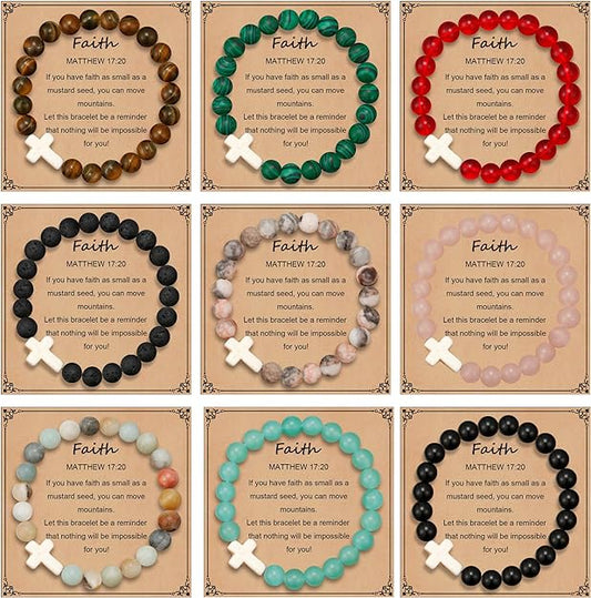 ONE: Premium Handmade 9pcs Cross Bracelets for Women and Men - 8mm Natural Crystal Healing Bracelets Semi-Precious Gemstones Beads Stretch Bracelets Religious Gift for Christians with Prayers Card