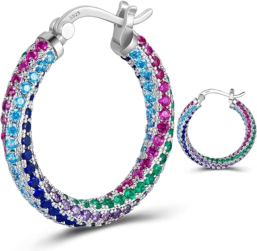 ONE:  ONE: 925 Sterling Silver Post Hoop Rainbow Earrings 14K Gold Plated Jewelry