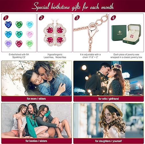 ONE: Lucky Four Leaf Rose Gold JULY- RUBY RED Clover Pendant Necklaces for Women & Girls