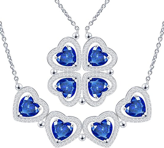 ONE: Lucky Four Leaf White Gold September Sapphire Blue Clover Pendant Necklaces for Women & Girls