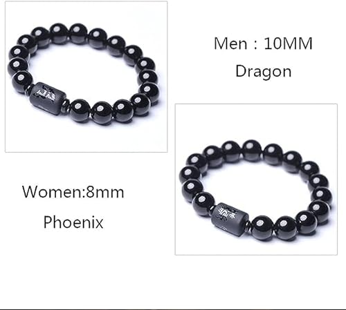 ONE: Premium 12MM Handmade Beaded Bracelet Natural Obsidian Stone Bead Bracelet Couple Women 10mm Dragon and Phoenix Jewelry