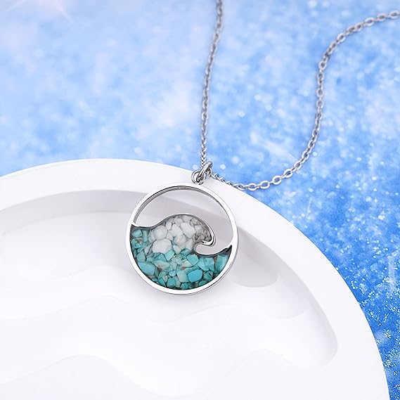 ONE: Wave Turquoise +White Howlite Stainless Steel Pendant Necklaces