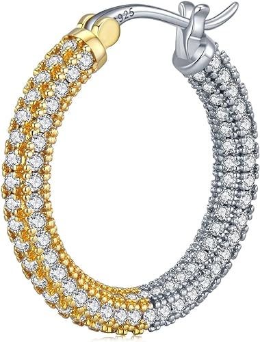 ONE: 925 Sterling Silver Post Hoop Earrings 14K Gold Plated Jewelry CZ