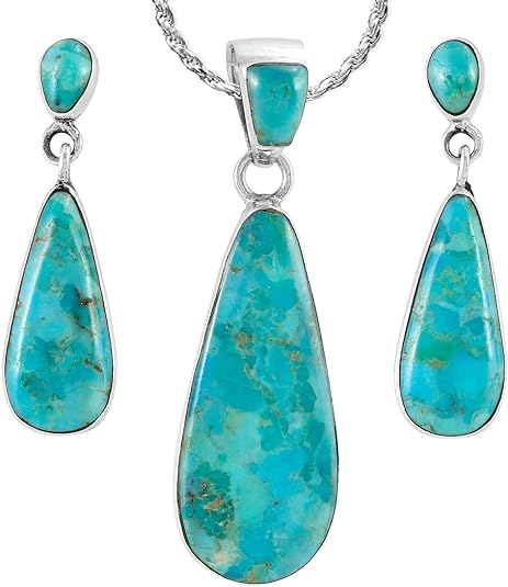 Sterling Silver 925 Matching Pendant & Earrings Set (with 20" Sterling Rope Chain) Genuine Turquoise (