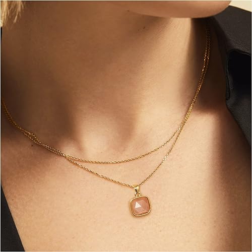 ONE: Handmade Healing Crystal Pendant Necklace, 14K Gold Plated Natural Energy Stone Sunstone-Square