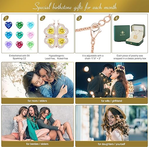 ONE: Lucky Four Leaf Rose Gold November Citrine Yellow Clover Pendant Necklaces for Women & Girls