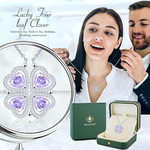 ONE: Lucky Four Leaf White Gold June Alexandrite Clover Pendant Necklaces for Women & Girls