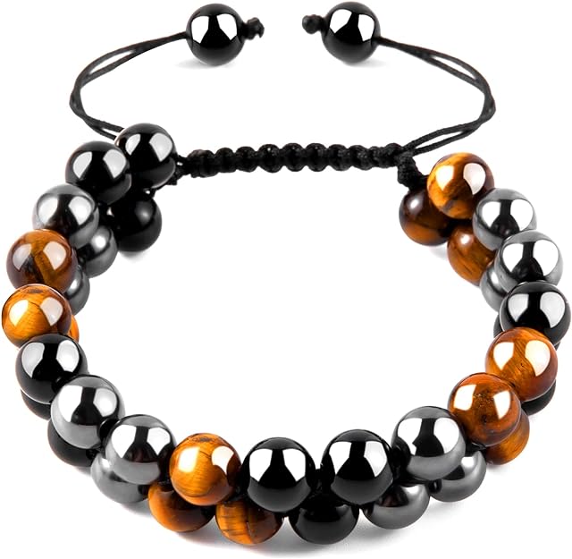 ONE: Premium 8MM Handmade Beaded Bracelet Tiger Eye Bracelet Black Obsidian Hematite Natural Crystal Jewelry Stone Bracelets Gifts for Men and Women