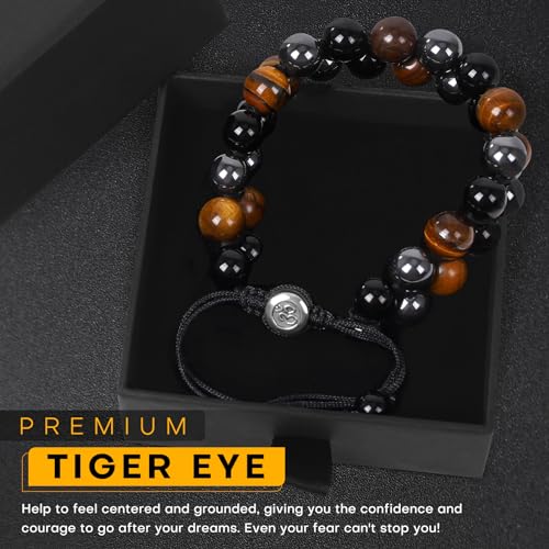 ONE: Tiger Eye Bracelet, Triple Protection Bracelet for Men Women, Handmade Tiger Eye Beads Hematite and Black Obsidian Natural Stone Healing Energy Crystal Bracelets