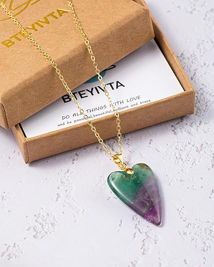 ONE: Handmade Healing Crystal Pendant Necklace, Natural Energy Stone Fluorite-Heart