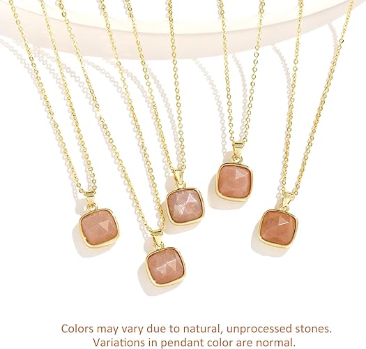 ONE: Handmade Healing Crystal Pendant Necklace, 14K Gold Plated Natural Energy Stone Sunstone-Square