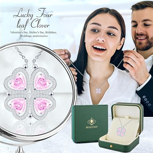 ONE: Lucky Four Leaf White Gold October Tourmaline Clover Pendant Necklaces for Women & Girls