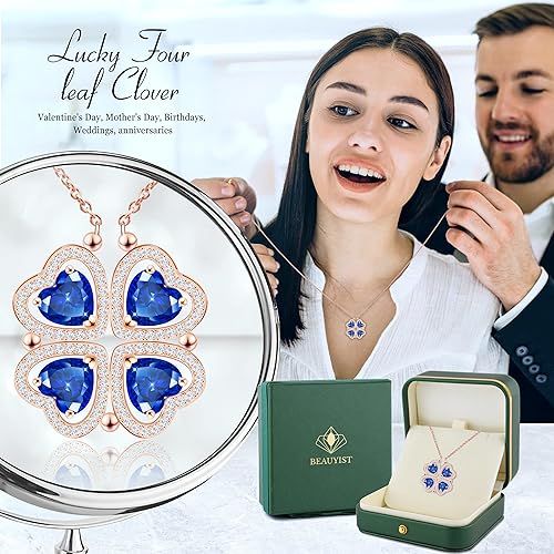 ONE: Lucky Four Leaf Rose Gold September - Safire Blue Clover Pendant Necklaces for Women & Girls