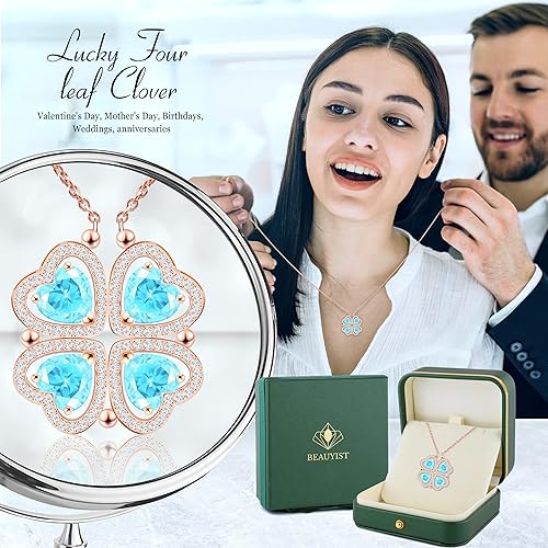 ONE: Lucky Four Leaf Rose Gold Aquamarine Clover Pendant Necklaces for Women & Girls 925