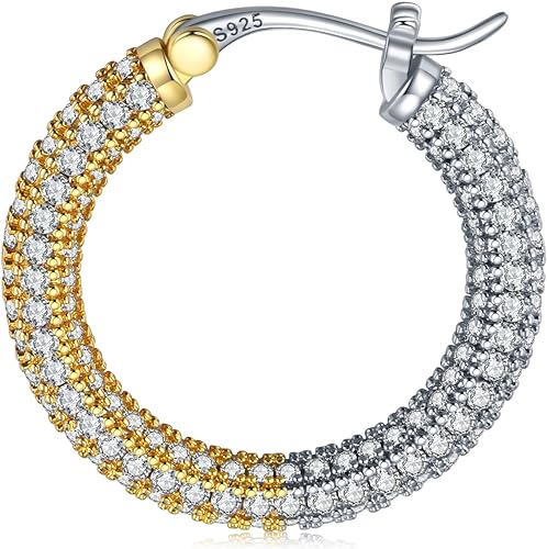 ONE: 925 Sterling Silver Post Hoop Earrings 14K Gold Plated Jewelry CZ