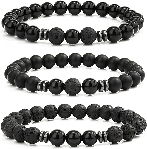 THREE: 3 HANDMADE Bracelets Matte Natural Lava Rock Volcanic Stone Beads Elastic Stretch AGATE