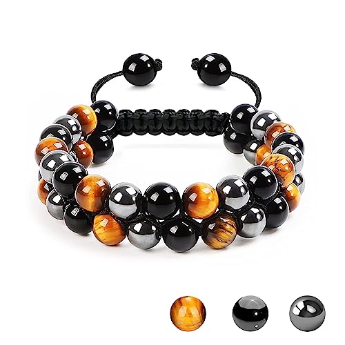 ONE: Tiger Eye Bracelet, Triple Protection Bracelet for Men Women, Handmade Tiger Eye Beads Hematite and Black Obsidian Natural Stone Healing Energy Crystal Bracelets