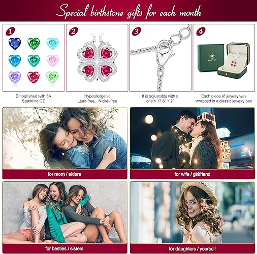 ONE: Lucky Four Leaf White Gold July Ruby Red Clover Pendant Necklaces for Women & Girls