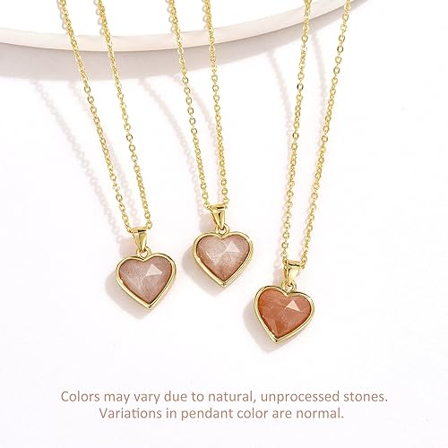 ONE: Handmade Healing Crystal Pendant Necklace, 14K Gold Plated Natural Energy Stone Sunstone-Heart