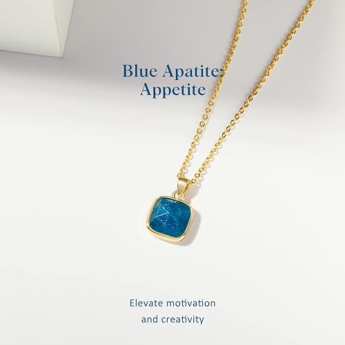 ONE: Handmade Healing Crystal Pendant Necklace, 14K Gold Plated Natural Energy Stone Blue Apatite-Square
